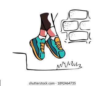 Vector drawn isolated illustration of cross legged seated person. Concept of sports and casual shoes.
