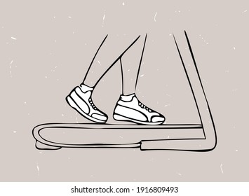 Ilustración aislada de vectores con pies corriendo sobre la cinta de correr. Concepto de zapatos deportivos, zapatillas de deporte. Textura de fondo, artesanía. 