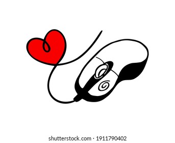 Vector drawn isolated linear illustration with abstract computer mouse and heart. Programming technology Concept.