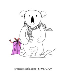 Vector drawn koala with a gift. Illustration for a card.