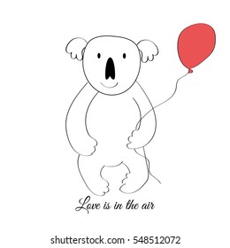 Vector drawn koala with a red balloon. Love is in the air.