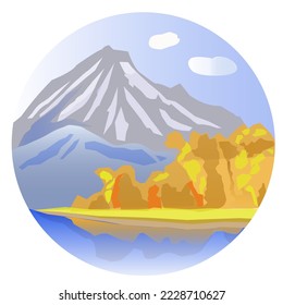 Vector drawn landscape in a circle logo,  mountain view, wild nature, autumn view, mountain fall