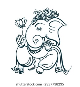 vector drawn line art illustration spirituality happy ganesh indian culture .Isolated image of a hand drawn outline on a white background.