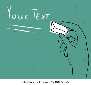 Vector drawn linear abstract illustration with hand holding chalk and whiteboards. There is texture, empty space for text. Concept training, school, university, institute.