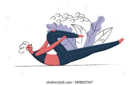 Vector drawn linear doodle illustration with young woman performing exercise for muscles of abs, abdomen from supine position. Concept gymnastics, pilates, healthy lifestyle, sports. Plant background