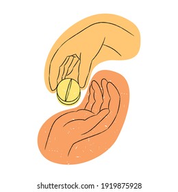 Vector drawn linear illustration with hand passing pill to another. Concept drug treatment, medicine, clinical pharmacology, prescriptions, recommendations.