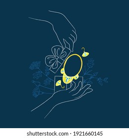 Vector drawn linear illustration hands holding open gift box with jewelry inside. Floral, plant background. Concept celebration, surprise, gifts, joy, jewelry.