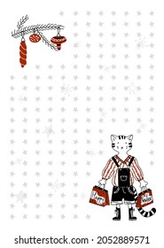 Vector drawn, linear illustration with a New Year, Christmas layout of notebook sheet, notepad to a point, bullet. Concept congratulations, celebrations, decorative design in the printing house.