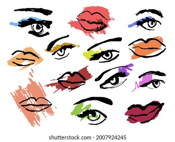 Vector Drawn Linear Illustration with a set of makeup for a Face. Different Eyes are depicted with colored Eyeshadows, Mascara, there are lips with lipstick. The concept of makeup, cosmetics, beauty.