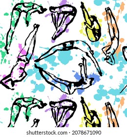 Vector drawn linear seamless pattern with Athletes performing Acrobatic Actions, Poses when Jumping into the Water. Concept Professional, Amateur Sports in Diving, Summer Games, Competitions. Set.   