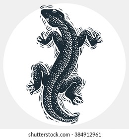 Vector drawn lizard silhouette, nature graphic symbol. Reptile top view illustration, rain forest fauna and wildlife zoology species.