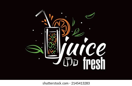 Logotipo dibujado por vectores de jugo fresco sobre fondo negro