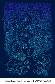 Vector drawn magical forest fairy with curly hair with weave interwoven flowers. Girl nymph goddess of the spring bloom. Ornamental decorated graphic neon light print t-shirts mythical characters.