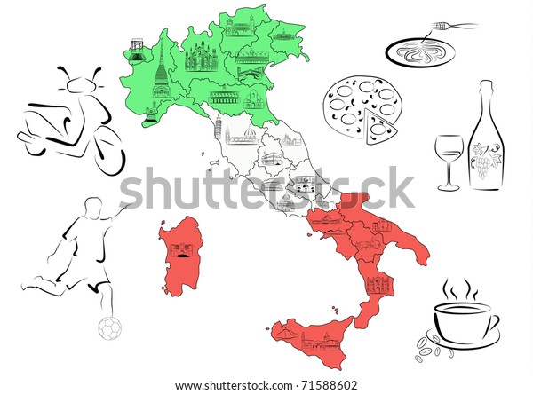 Vector drawn map of Italy divided by regions with\
main sights of each\
region.