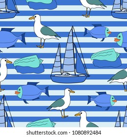 Vector drawn marine seamless pattern of fish, ship, seagull, and seashel in doodle style on striped background.