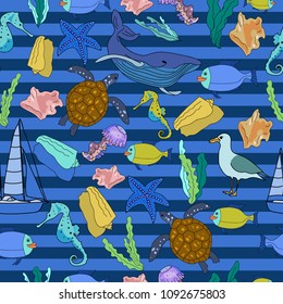 Vector drawn marine seamless pattern of fish, turtle, sea horse, sea star, fish, sea shell, jellyfish, seagull in sketch style on striped background.