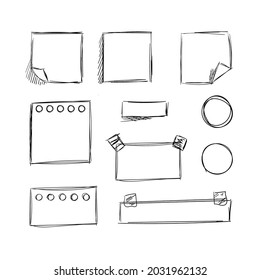 Vector Drawn Memo Papers and Stickers, Adhesive Sticky Notes, Doodle Drawings, Black Outline Illustrations Set Isolated on White Background.