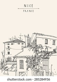 Vector and drawn monochrome illustration of houses with shutters and trees in the old town of Nice, French Riviera (Cote d'Azure), France, Europe. Postcard greeting card  template, isolated image