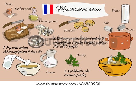 Vector drawn mushroom cream soup recipe with drawn ingredients.