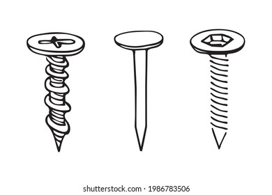 Vector Drawn Nail, Screw And Hexagon. Simple Outline Doodle Drawing Isolated On White Background. Set Of Black-white Hardware