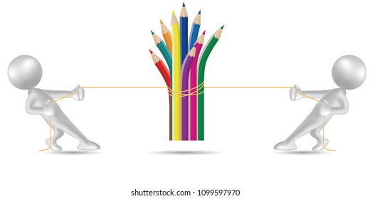 Vector drawn people symbol,tug of war, the pencil is in the middle.	
