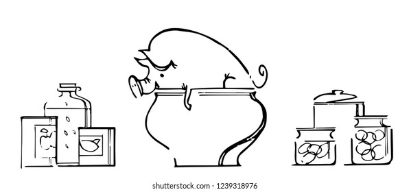 Vector drawn piggy in a pot black and white contour lines.