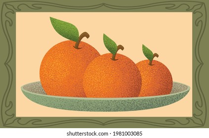 Vector drawn pointillism illustration: Oranges in frame