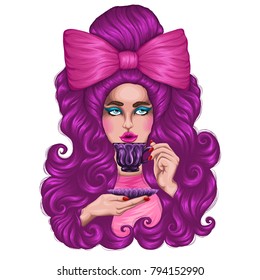 Vector drawn portrait of a beautiful glamorous girl with long curly locks crimson hair with a big bow. A pin-up girl holds a purple mug with tea and a saucer in her hands. Isolated on white background