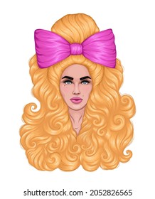 
Vector drawn portrait of a beautiful young glamorous blonde woman.  Fashion girl model with long curly locks yellow hair pinned with a big pink bow. Beauty concept Design card, print on t-shirt