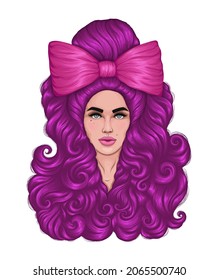 Vector drawn portrait of a beautiful young glamorous woman.  Fashion girl model with long curly locks crimson hair pinned with a big pink bow. Beauty concept print Design on t-shirt