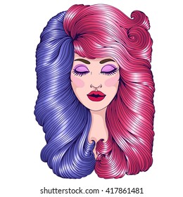 Vector drawn portrait of an enigmatic beautiful young girl with her eyes closed. She is a fantastic super hero with long wavy hair, hair with colored streaks of blue and red.
Female Hero. Comic Style