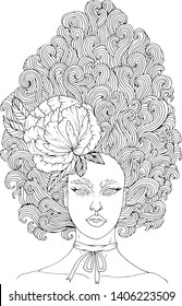 Vector drawn portrait of a fairy girls with curly high hairstyle, developing hair up decorated with peony flower. Forest fantasy character. Coloring page. Design card, print on t-shirt on white back.