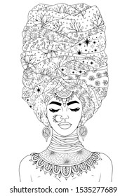 Vector drawn portrait fashion oriental girl with floral decorations highly turban. Attractive fashion model African tribal style. Fashion illustration. Design greeting card, print on t-shirt clothes