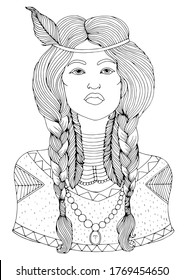 Vector drawn portrait Native American Indian woman in national headdress.  Ethnic tribal girl with braided feathers in long hair. Wild spirit of the West. Ornamental Coloring page 