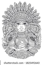 Vector drawn portrait of Native American Indian woman in war national headdress with feathers. Ethnic tribal girl with braided beads in long hair. Wild spirit of the West. Ornament coloring page