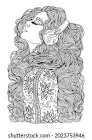 Vector drawn portrait in profile of a woman with long wavy hair. Girl with closed eyes listening to music in headphones. Young female model in a sweater with a rowan pattern. Design coloring book 