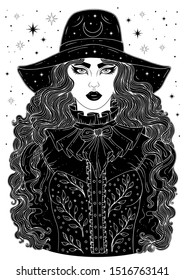 Vector drawn portrait young modern city witch. Young girl with long wavy hair and wide brim fashion hat. Ornamental Patterned white lines on a black silhouette Design card, print t-shirt  Halloween