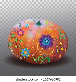 Vector drawn pumpkin in a realistic style painted with ornaments on a transparency grid background.