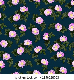 Vector drawn rose hip flowers with leaves seamless pattern. Fabric, package design idea.