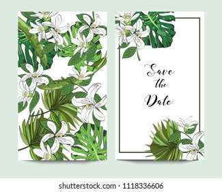 Vector drawn save the date card with tropical bergamot flowers and palm leaves.