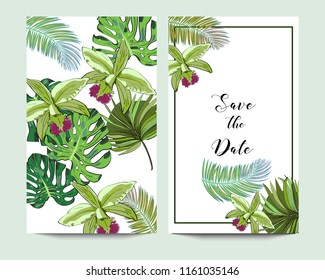 Vector drawn save the date card with tropical bergamot flowers and palm leaves.