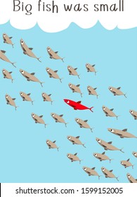 Vector drawn school of fish floating in the water. Among them, one fish is not like the rest of the red. The concept of uniqueness. Motivational gift card