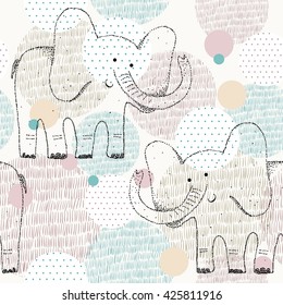 Vector drawn seamless geometric pattern with elephant