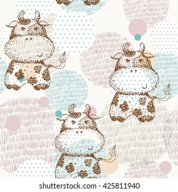 Vector drawn seamless geometric pattern with cow