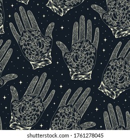Vector drawn seamless pattern, decorated tattooed arm with rose. Ornamental graphic yoga hand of the cosmic universe. Design print t-shirt, fabric. Pattern yellow color line on a cosmos dark back 