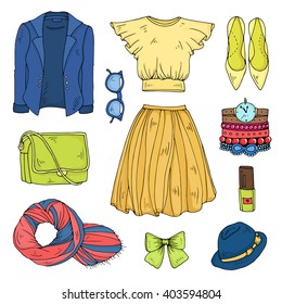 Vector drawn set of color spring-summer fashion women clothes. Various objects: jacket, shoes, sunglasses, bag, yellow blouse, skirt, ribbon, shoes, nail polish, bracelets and watches, hat with a bow.