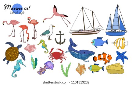 Vector drawn set of doodle marine stuff. Turtle, sea horse, sea star, ship, yacht, crab on white background.