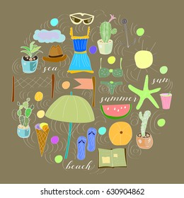 Vector drawn set of hand drawn summer doodles. Bright colorful illustrations