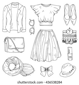 Vector drawn set  spring-summer fashion women clothes. Various objects: jacket, shoes, sunglasses, bag, blouse, skirt, ribbon, shoes, nail polish, bracelets and watches, hat with a bow.