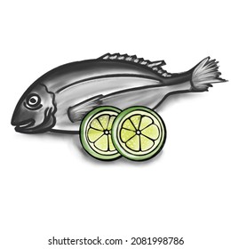 Vector drawn sketch of fresh fish with lime wedges, doodle style